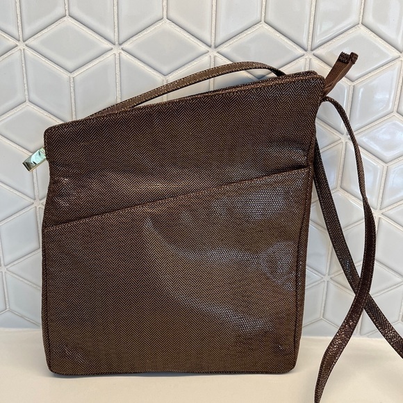ARNOLD CHURGIN Brown Faux Leather Asymmetric Cross Body Bag Tweed Pattern - Picture 2 of 14